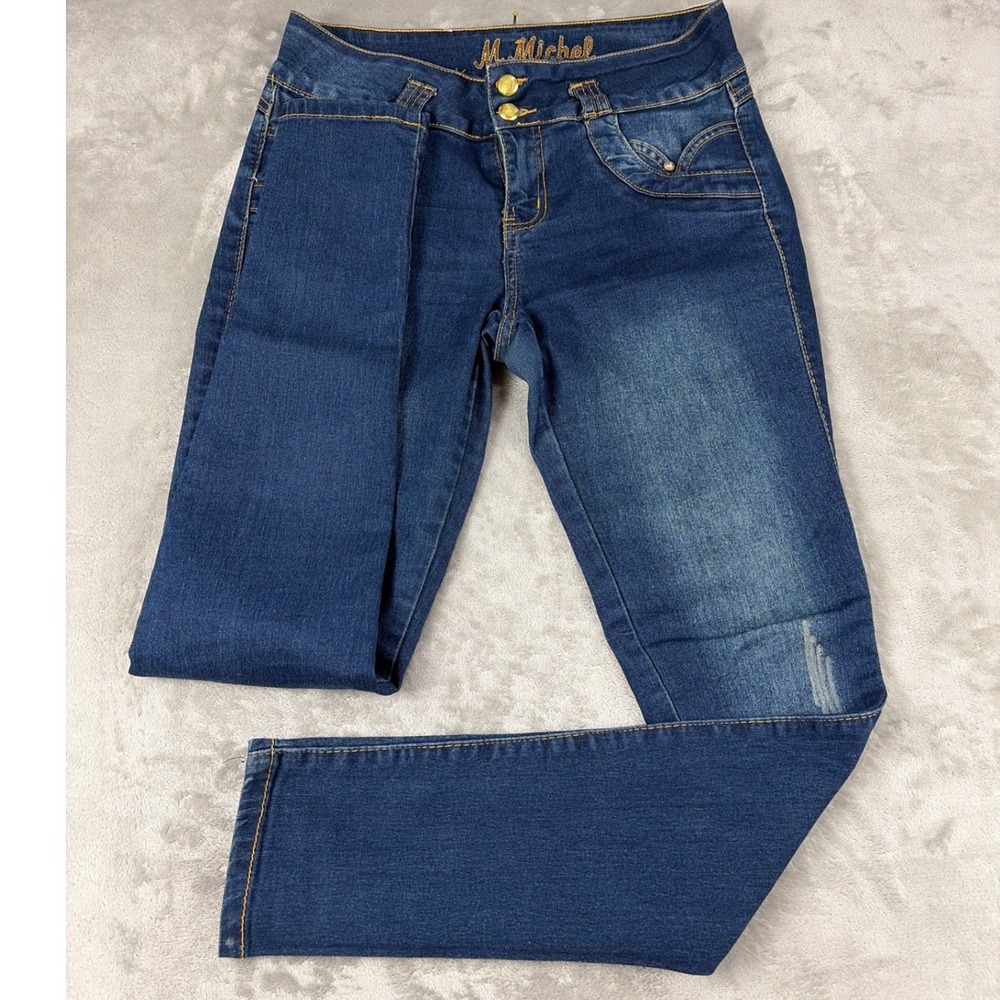 M. Michel Womens Dark Wash Skinny Jeans Ruffle Back Pocket Gold Detail Size 9